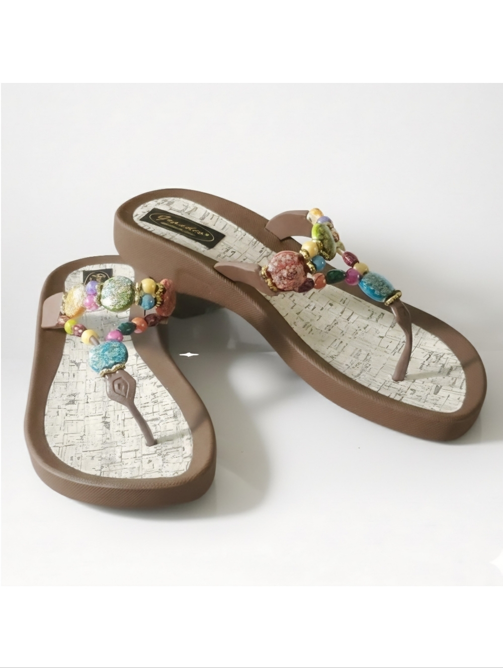 Grandco Size 9 NEW Sandals Rainbow Beaded Thong Flip Flop Brown Foam Cork